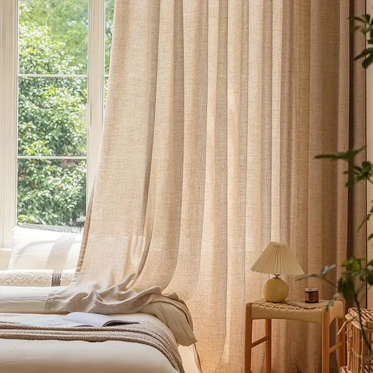 Linen Blend Curtains Decorative Printed Window Curtains Grey Beige Bedroom Living Room