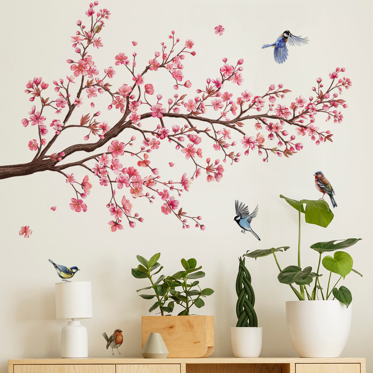 Pink Blossom Tree Bird Wall Decals – Self-Adhesive Floral PVC Wall Stickers