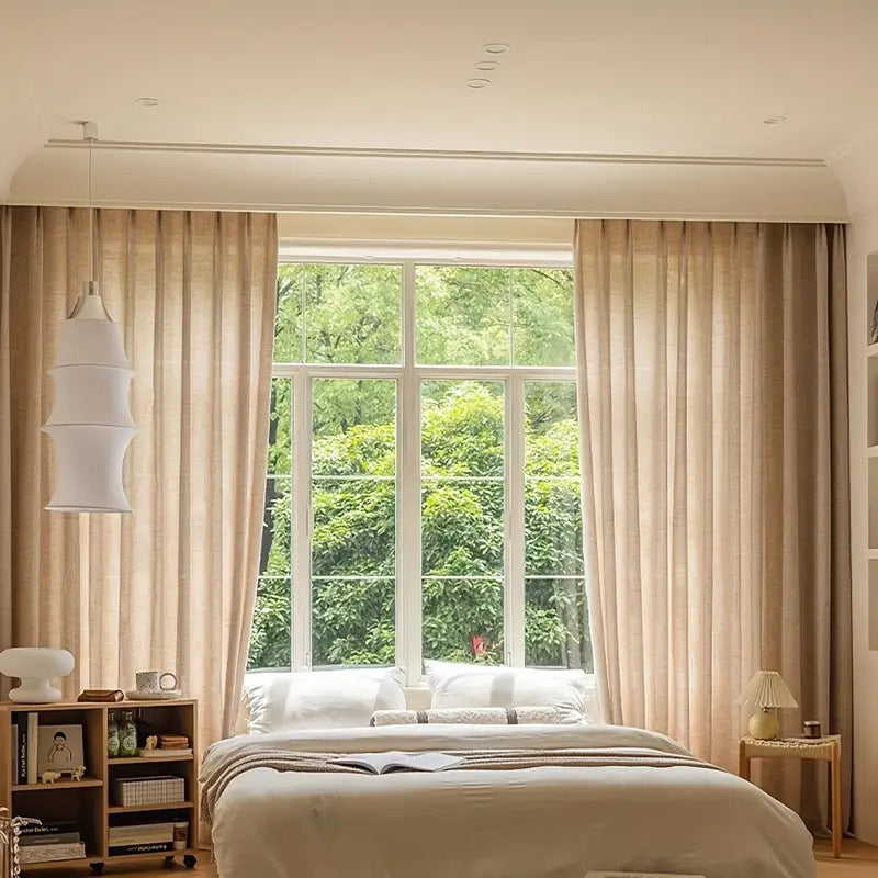 Linen Blend Curtains Decorative Printed Window Curtains Grey Beige Bedroom Living Room