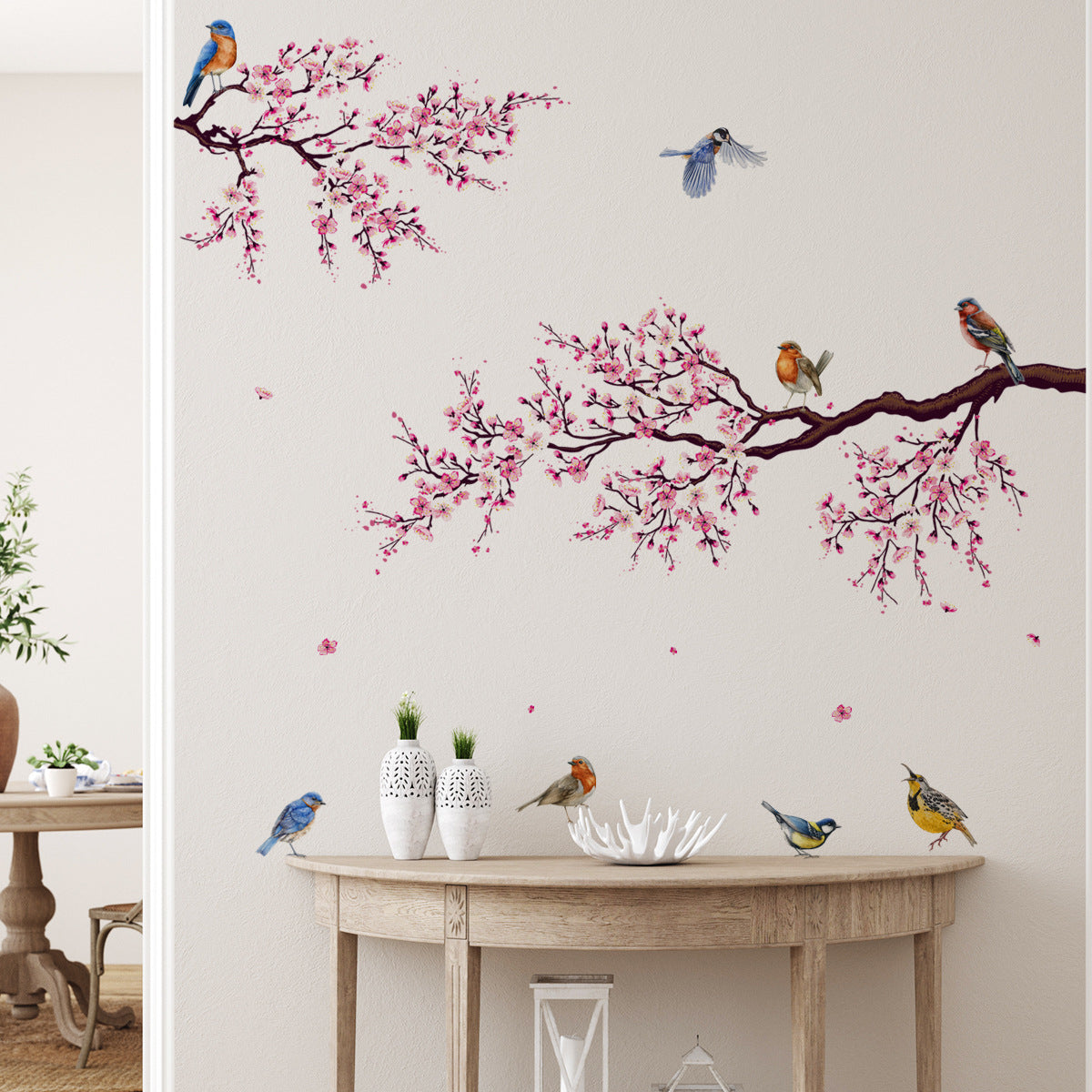 Pink Blossom Tree Bird Wall Decals – Self-Adhesive Floral PVC Wall Stickers