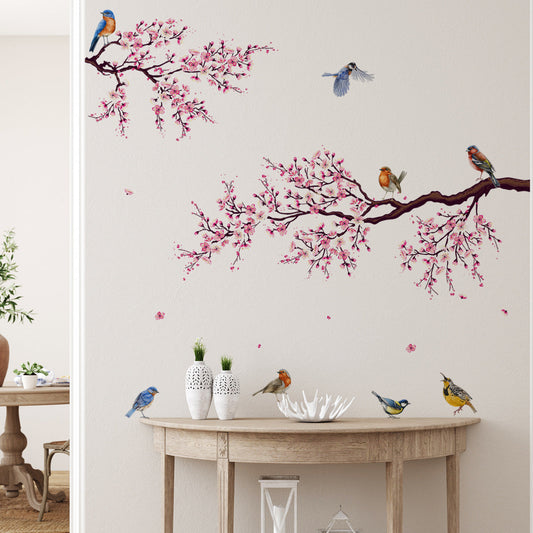 Pink Blossom Tree Bird Wall Decals Floral PVC Wall Stickers Self Adhesive Bedroom Nursery Decor