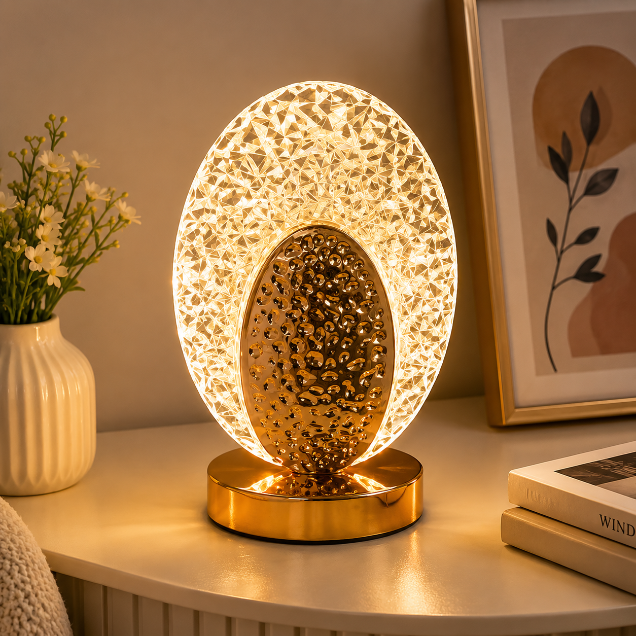 Rechargeable Touch Table Lamp – 3-Tone LED Geometric Crystal Desk Light
