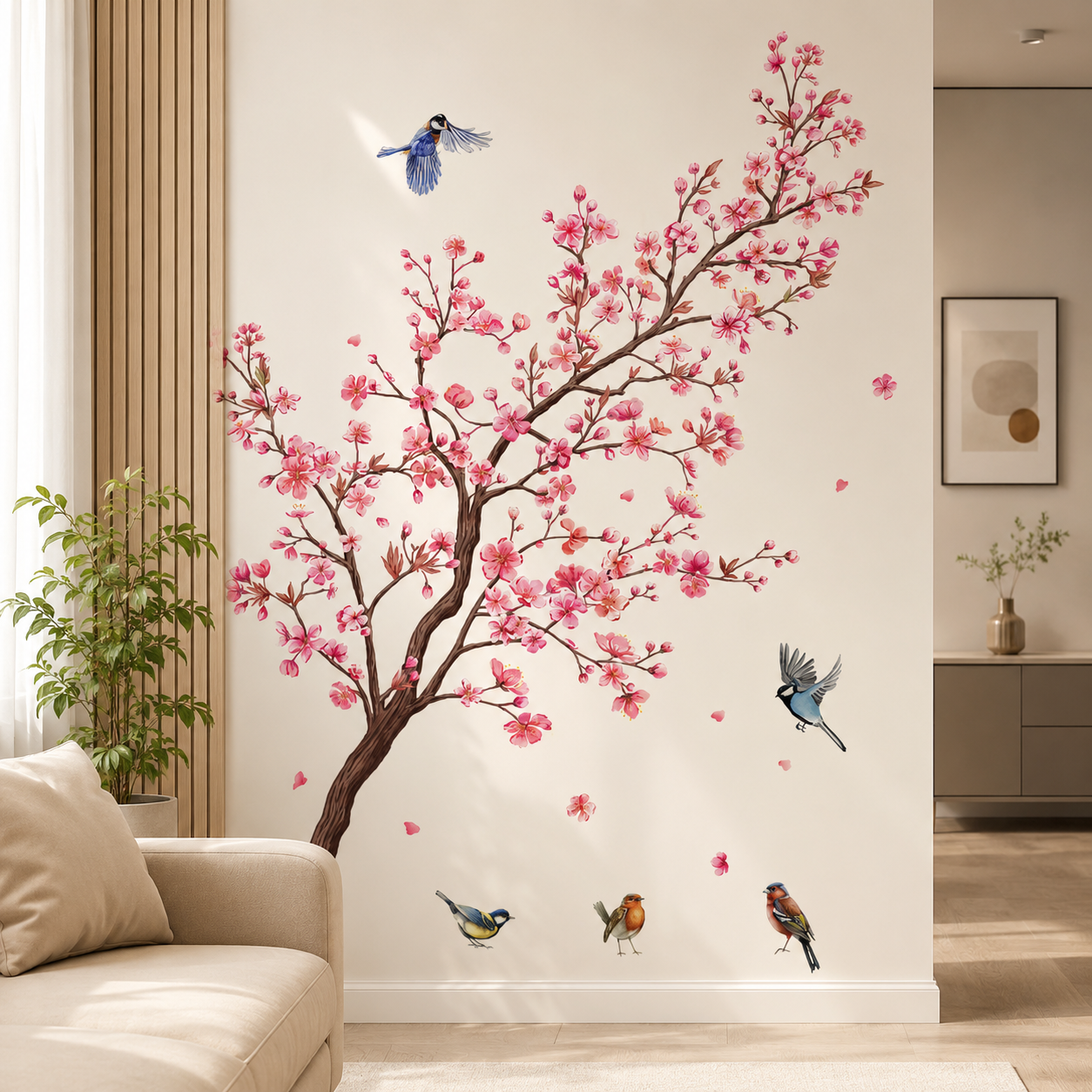 Pink Blossom Tree Bird Wall Decals – Self-Adhesive Floral PVC Wall Stickers