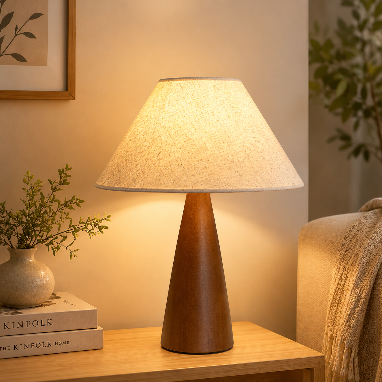 Vintage Linen Table Lamp – Wooden Look Bedside Lamp
