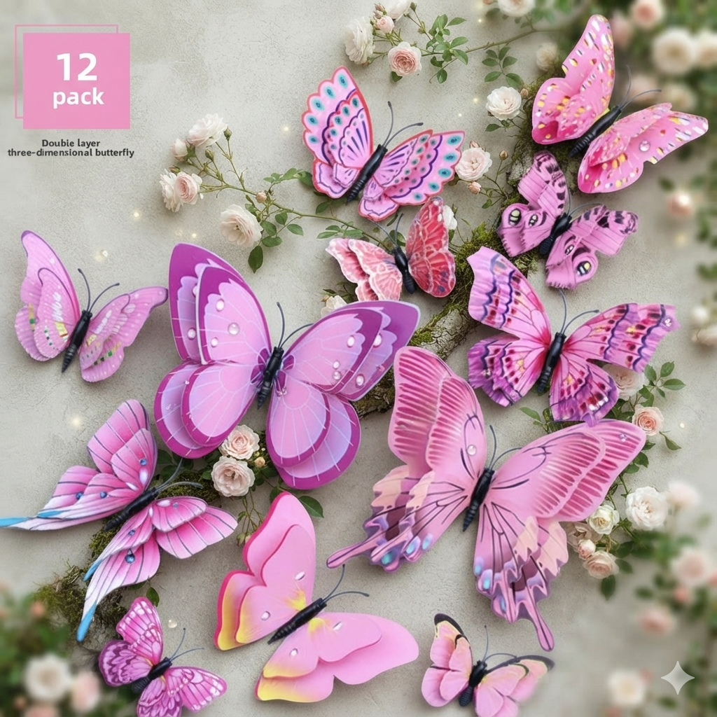 3D Butterfly Wall Stickers Mixed Colour PVC Butterfly Decorations 12 Pack