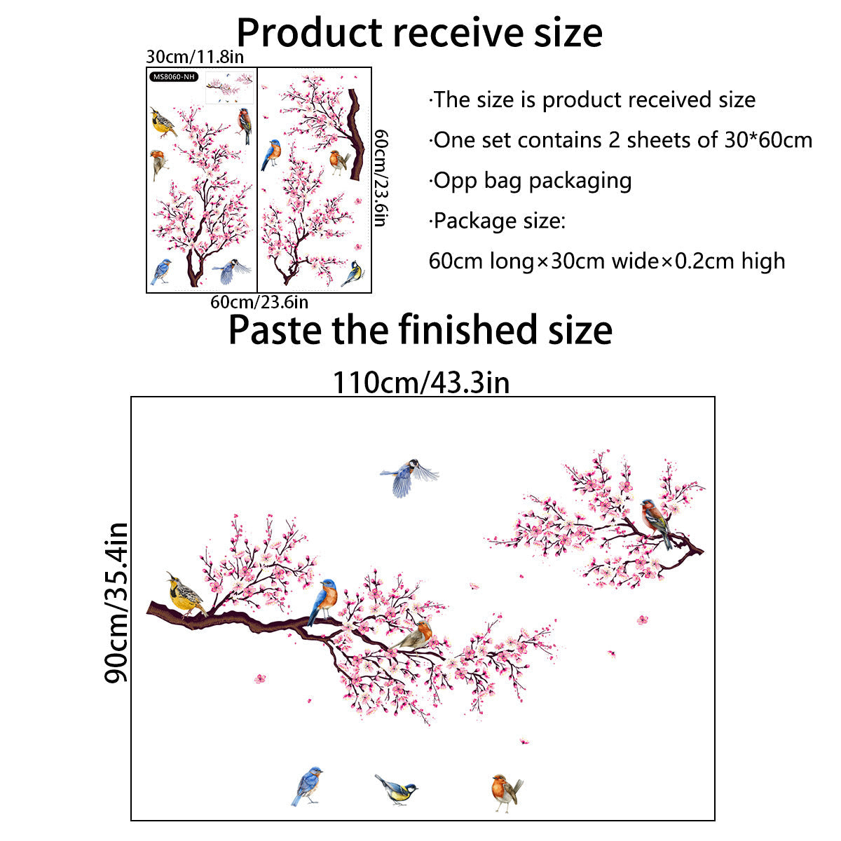 Pink Blossom Tree Bird Wall Decals – Self-Adhesive Floral PVC Wall Stickers